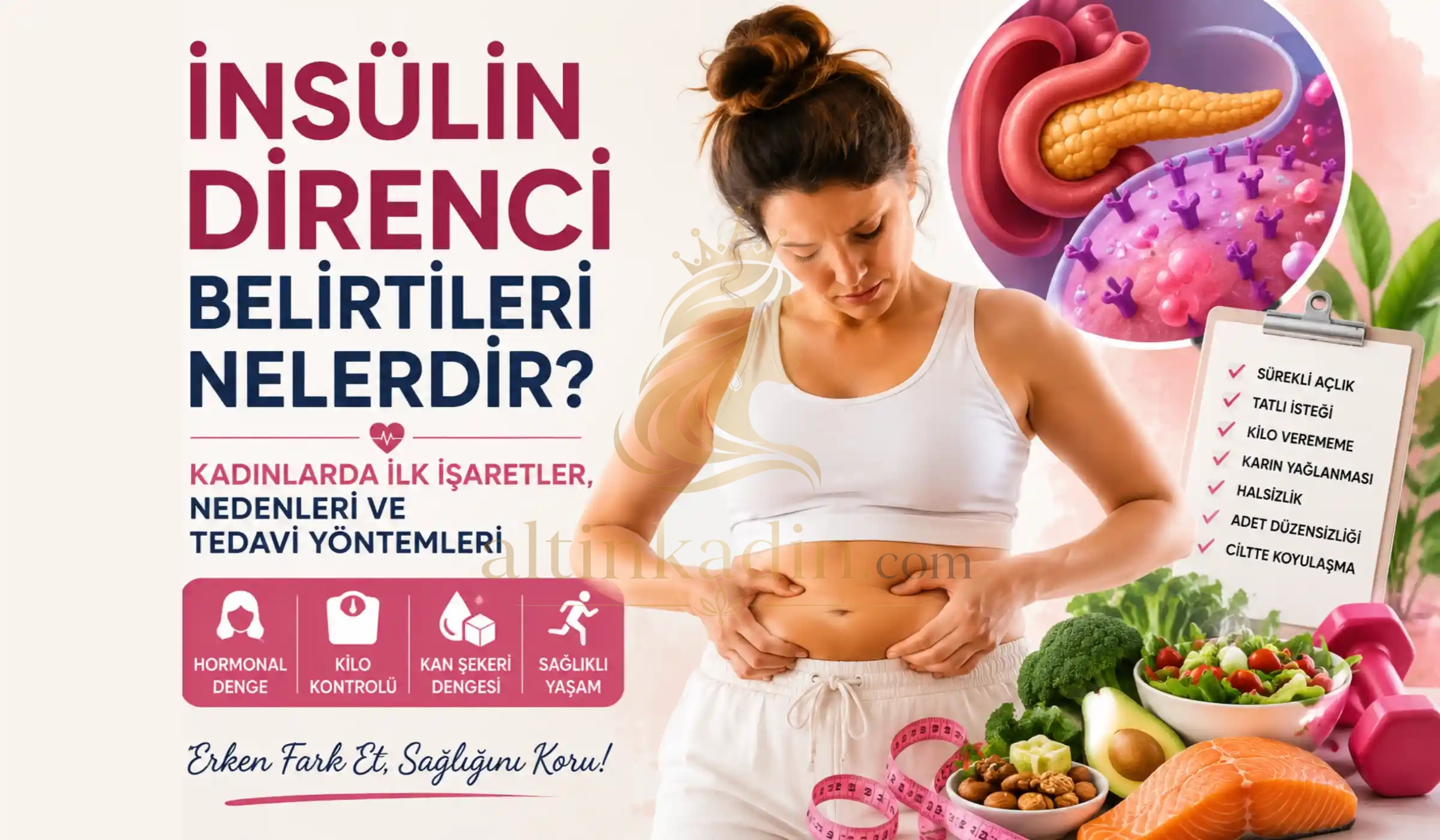 Kadınlarda insülin direnci belirtilerini gösteren sağlıklı beslenme ve yaşam tarzını anlatan kapak görseli